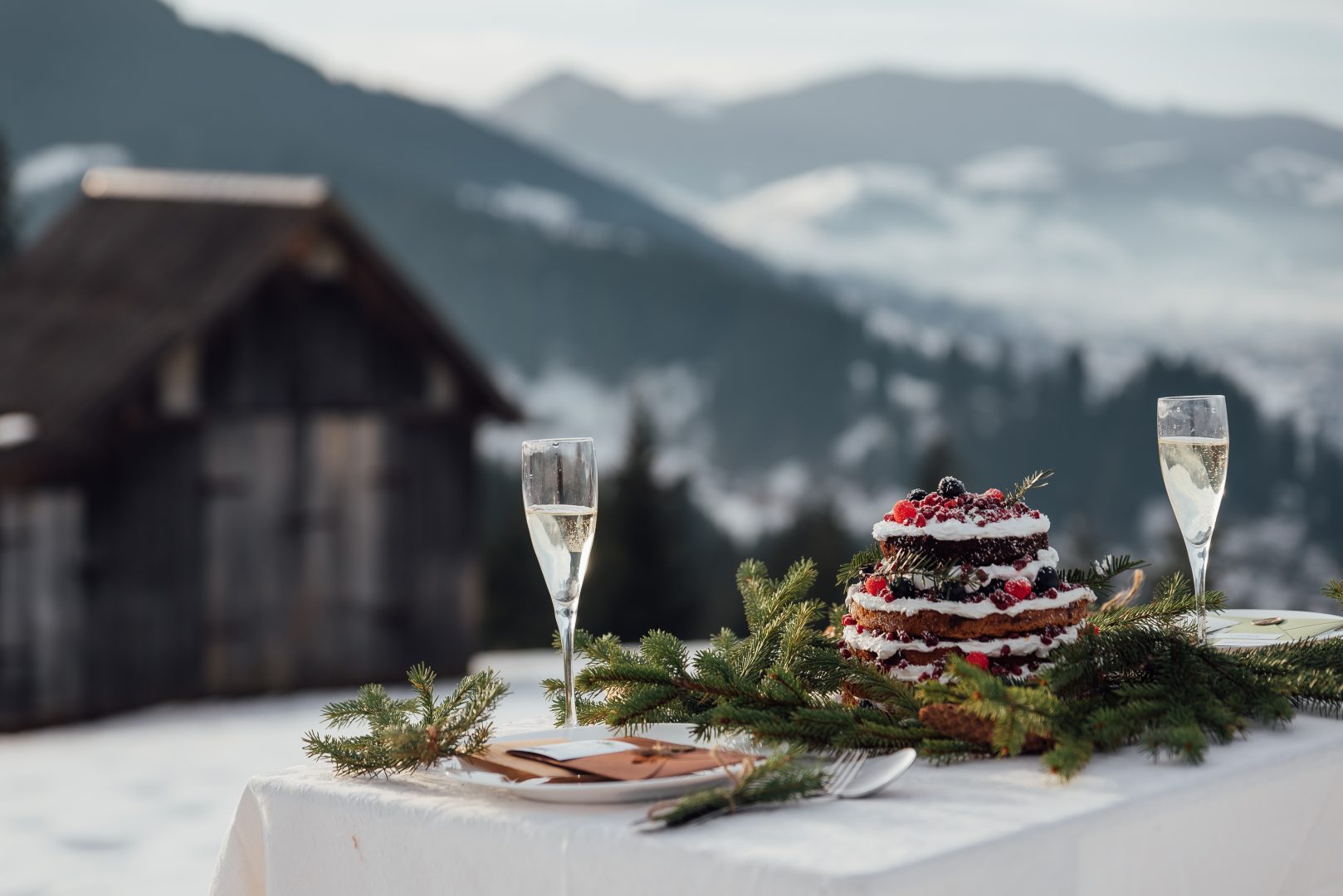 Comely of wedding table with a cake for two in the mountains.Beautiful decorated table with a cake for two against the background of the mountains.